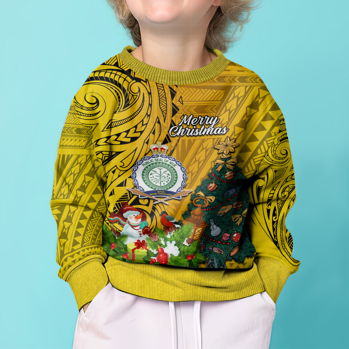 Personalised Niue Christmas Kid Ugly Christmas Sweater Coat of Arms and Polynesian Tattoo Xmas Element Christmas Yellow Vibe LT03 - Polynesian Pride