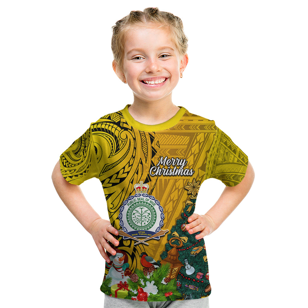 Personalised Niue Christmas Kid T Shirt Coat of Arms and Polynesian Tattoo Xmas Element Christmas Yellow Vibe LT03 Yellow - Polynesian Pride