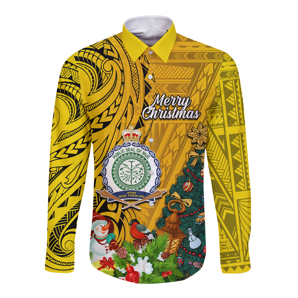 Personalised Niue Christmas Long Sleeve Button Shirt Coat of Arms and Polynesian Tattoo Xmas Element Christmas Yellow Vibe LT03 Unisex Yellow - Polynesian Pride