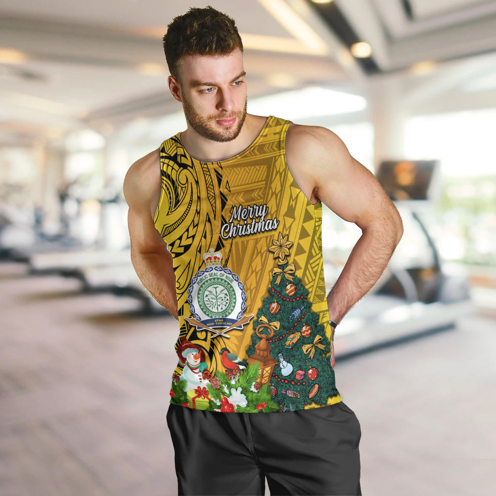 Personalised Niue Christmas Men Tank Top Coat of Arms and Polynesian Tattoo Xmas Element Christmas Yellow Vibe LT03 Yellow - Polynesian Pride