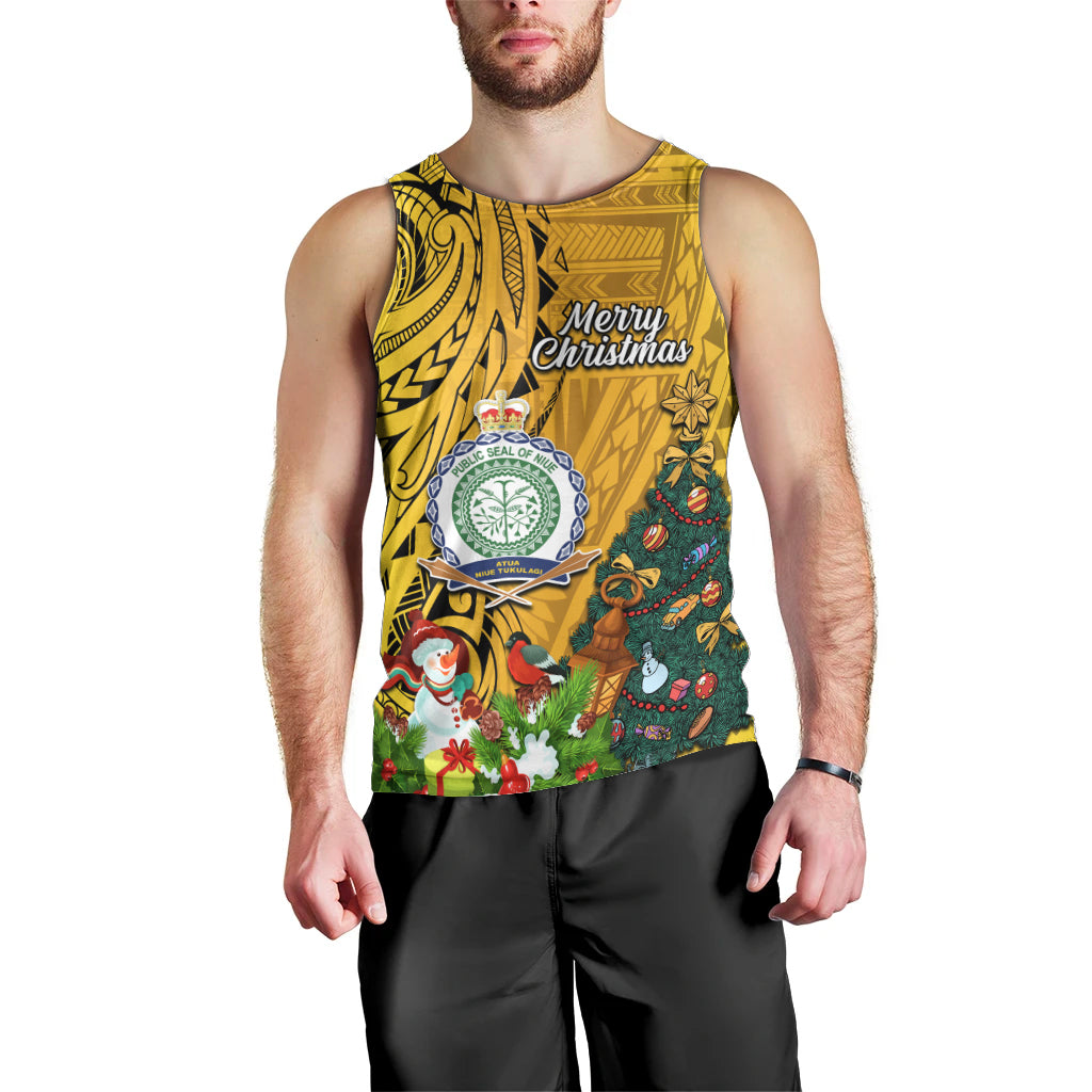 Personalised Niue Christmas Men Tank Top Coat of Arms and Polynesian Tattoo Xmas Element Christmas Yellow Vibe LT03 - Polynesian Pride