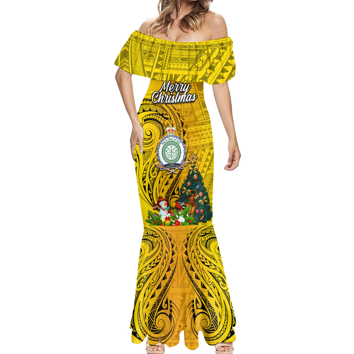 Personalised Niue Christmas Mermaid Dress Coat of Arms and Polynesian Tattoo Xmas Element Christmas Yellow Vibe LT03 - Polynesian Pride