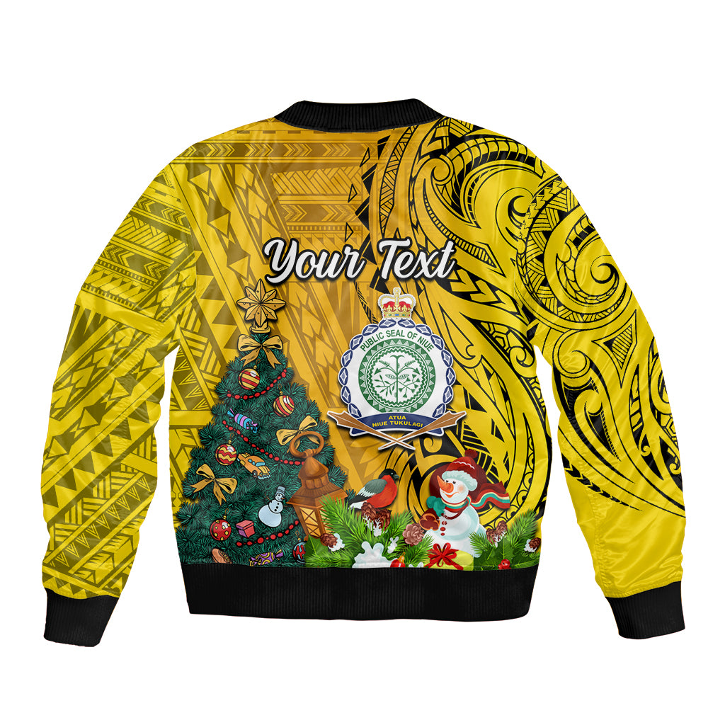 Personalised Niue Christmas Sleeve Zip Bomber Jacket Coat of Arms and Polynesian Tattoo Xmas Element Christmas Yellow Vibe LT03 - Polynesian Pride