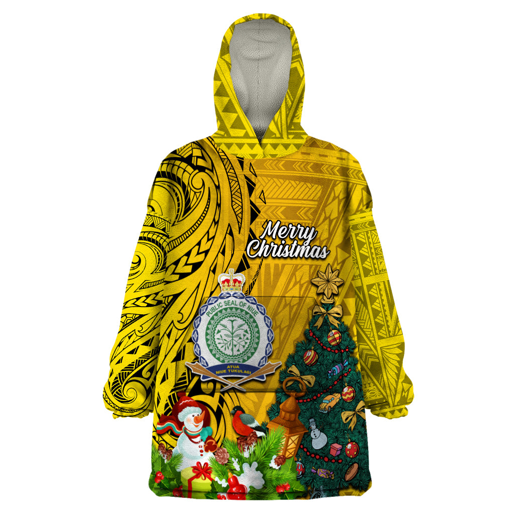 Personalised Niue Christmas Wearable Blanket Hoodie Coat of Arms and Polynesian Tattoo Xmas Element Christmas Yellow Vibe LT03 One Size Yellow - Polynesian Pride