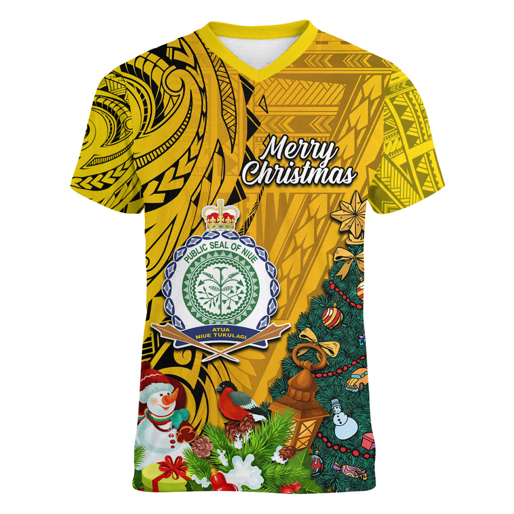 Personalised Niue Christmas Women V Neck T Shirt Coat of Arms and Polynesian Tattoo Xmas Element Christmas Yellow Vibe LT03 Female Yellow - Polynesian Pride