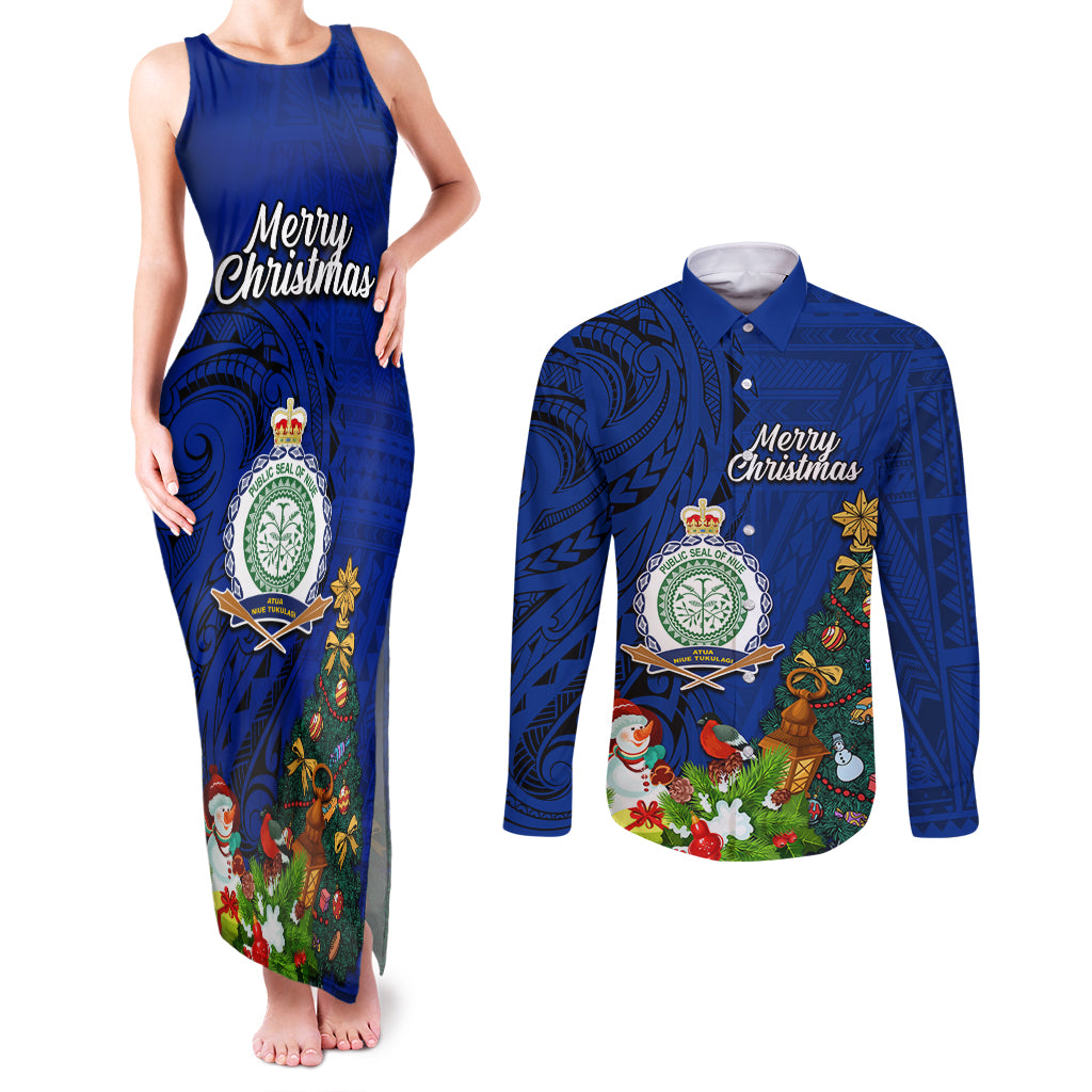 Niue Christmas Couples Matching Tank Maxi Dress and Long Sleeve Button Shirt Coat of Arms and Polynesian Tattoo Xmas Element Christmas Blue Vibe LT03 Blue - Polynesian Pride