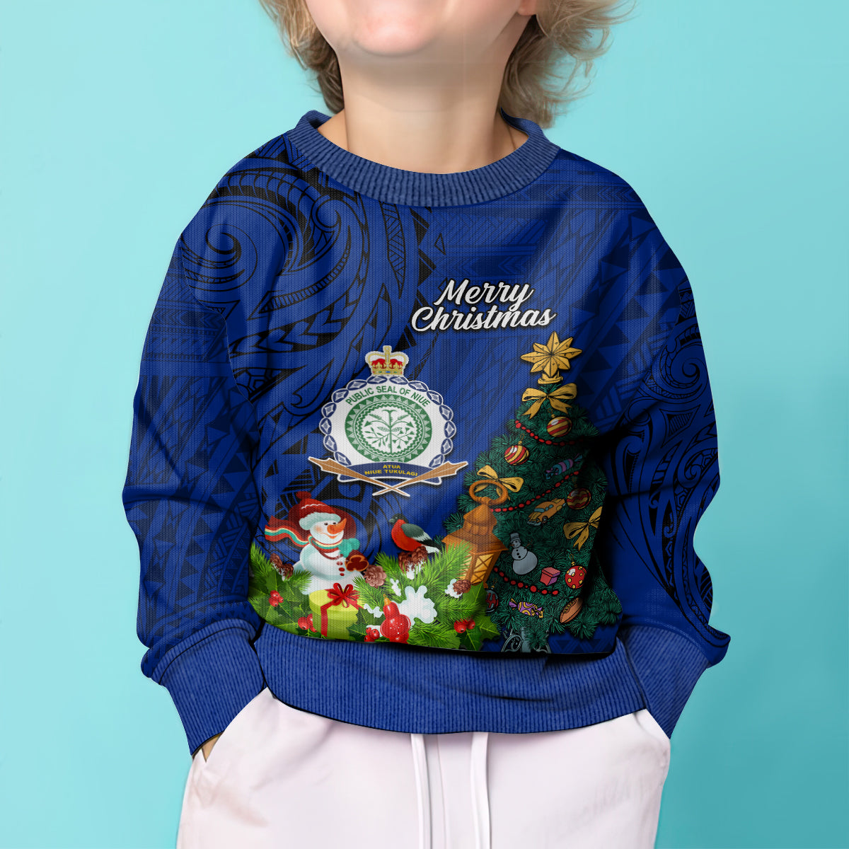 Niue Christmas Kid Ugly Christmas Sweater Coat of Arms and Polynesian Tattoo Xmas Element Christmas Blue Vibe LT03 - Polynesian Pride
