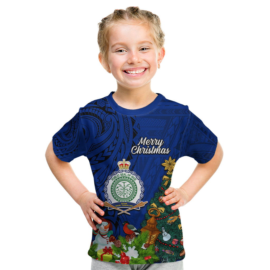 Niue Christmas Kid T Shirt Coat of Arms and Polynesian Tattoo Xmas Element Christmas Blue Vibe LT03 Blue - Polynesian Pride