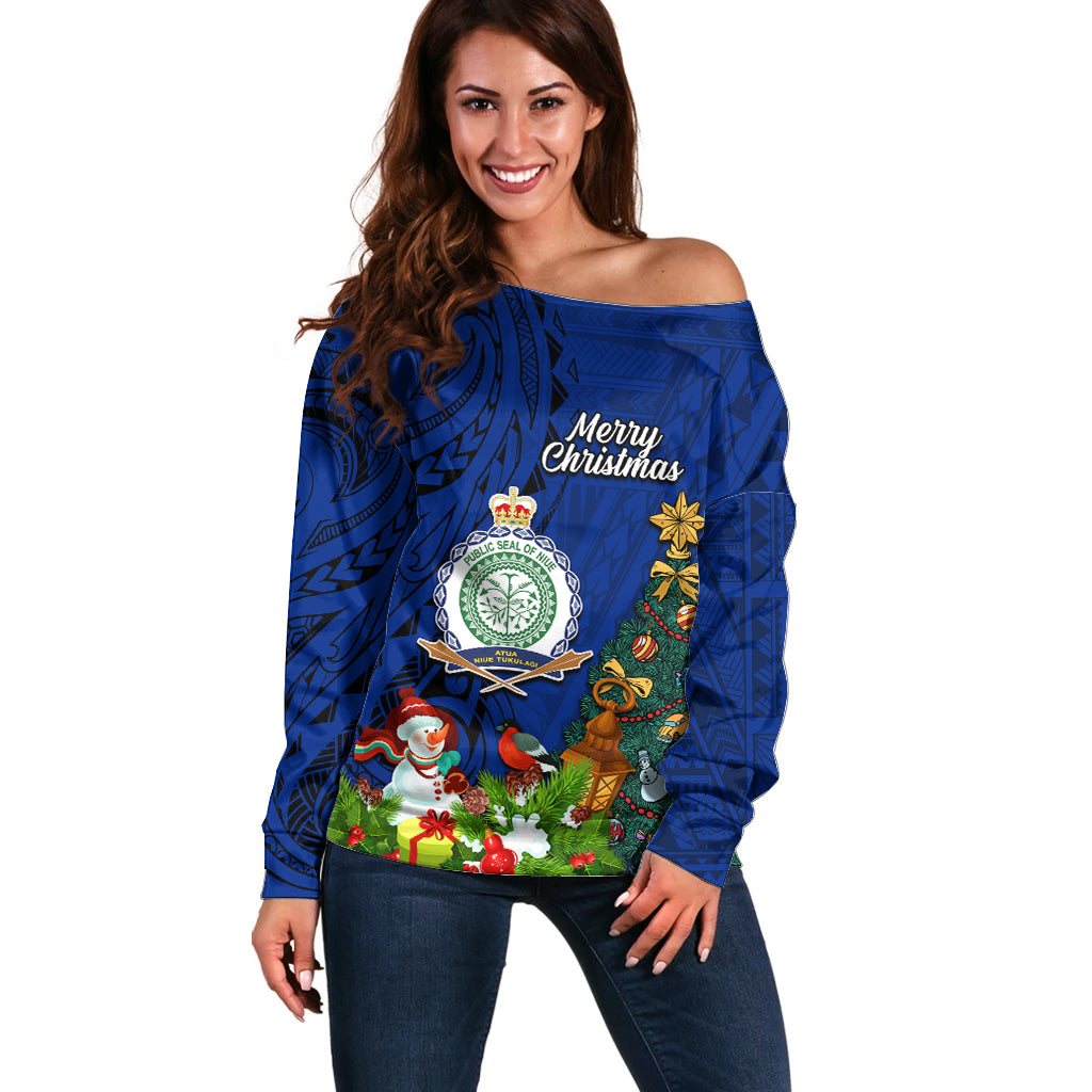 Niue Christmas Off Shoulder Sweater Coat of Arms and Polynesian Tattoo Xmas Element Christmas Blue Vibe LT03 Women Blue - Polynesian Pride