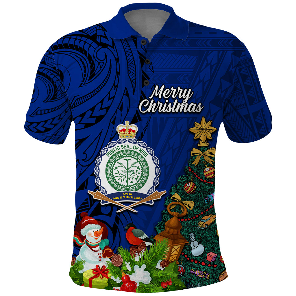 Niue Christmas Polo Shirt Coat of Arms and Polynesian Tattoo Xmas Element Christmas Blue Vibe LT03 Blue - Polynesian Pride