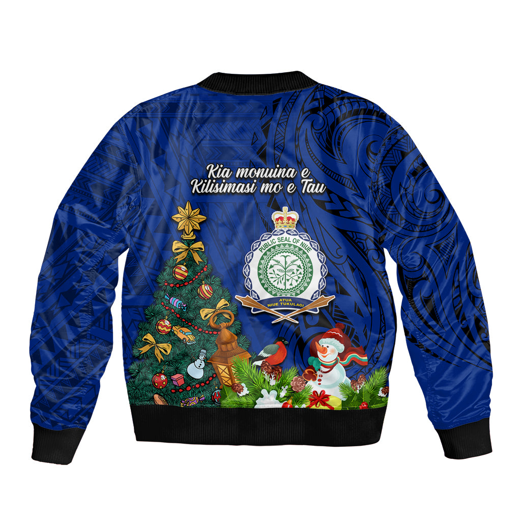 Niue Christmas Sleeve Zip Bomber Jacket Coat of Arms and Polynesian Tattoo Xmas Element Christmas Blue Vibe LT03 - Polynesian Pride