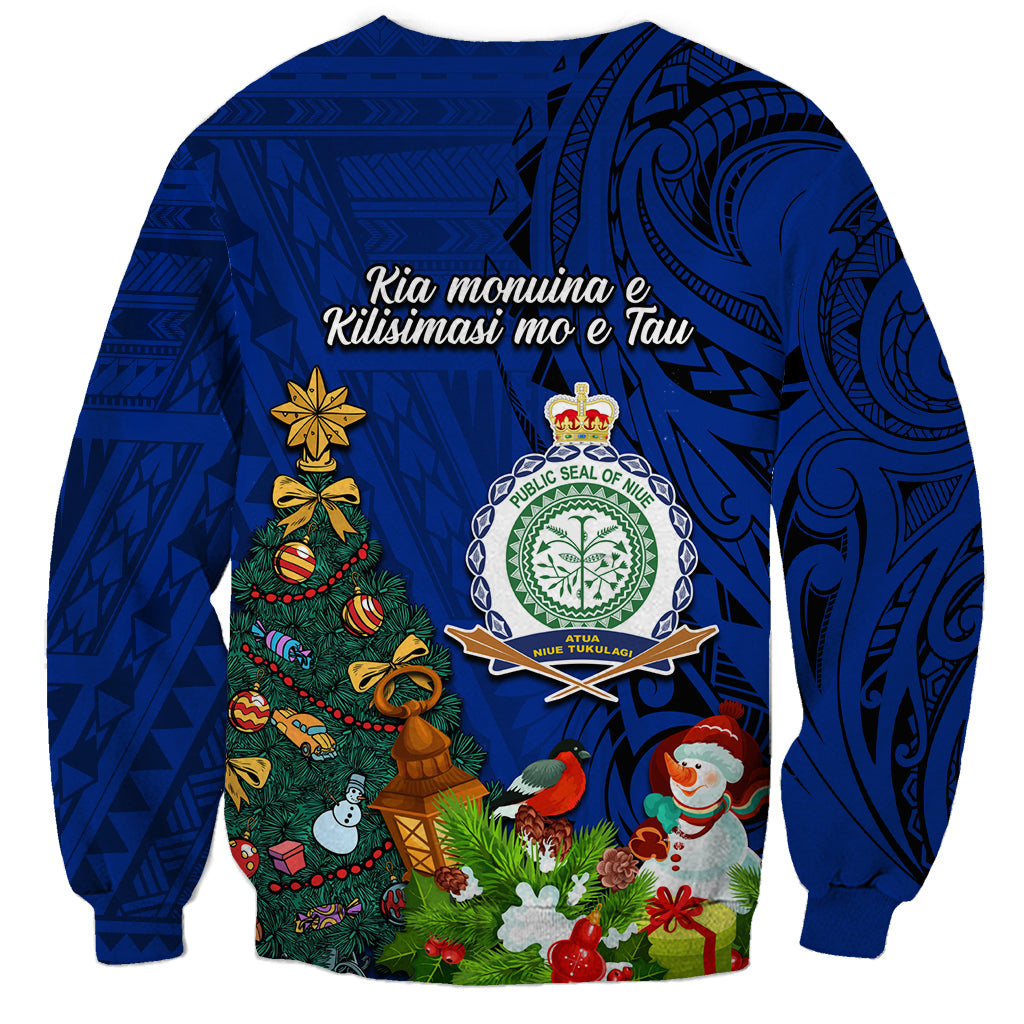 Niue Christmas Sweatshirt Coat of Arms and Polynesian Tattoo Xmas Element Christmas Blue Vibe LT03 - Polynesian Pride