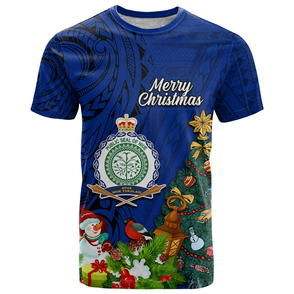 Niue Christmas T Shirt Coat of Arms and Polynesian Tattoo Xmas Element Christmas Blue Vibe LT03 Blue - Polynesian Pride