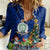 Niue Christmas Women Casual Shirt Coat of Arms and Polynesian Tattoo Xmas Element Christmas Blue Vibe LT03 Female Blue - Polynesian Pride