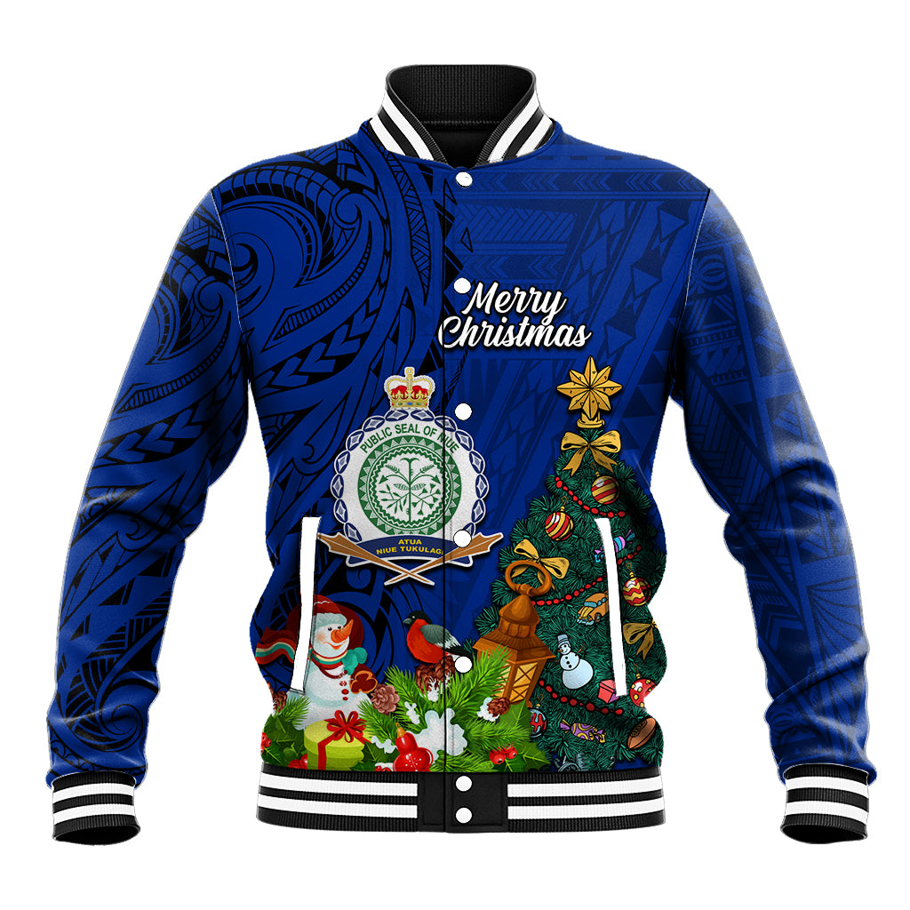 Personalised Niue Christmas Baseball Jacket Coat of Arms and Polynesian Tattoo Xmas Element Christmas Blue Vibe LT03 Unisex Blue - Polynesian Pride