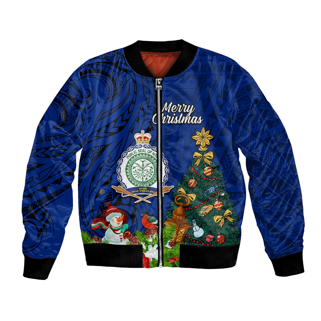 Personalised Niue Christmas Bomber Jacket Coat of Arms and Polynesian Tattoo Xmas Element Christmas Blue Vibe LT03 Unisex Blue - Polynesian Pride
