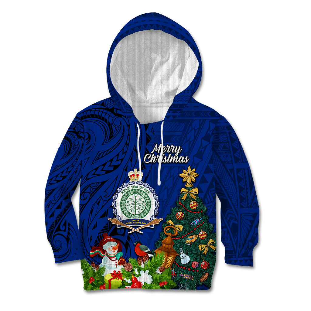 Personalised Niue Christmas Kid Hoodie Coat of Arms and Polynesian Tattoo Xmas Element Christmas Blue Vibe LT03 Hoodie Blue - Polynesian Pride