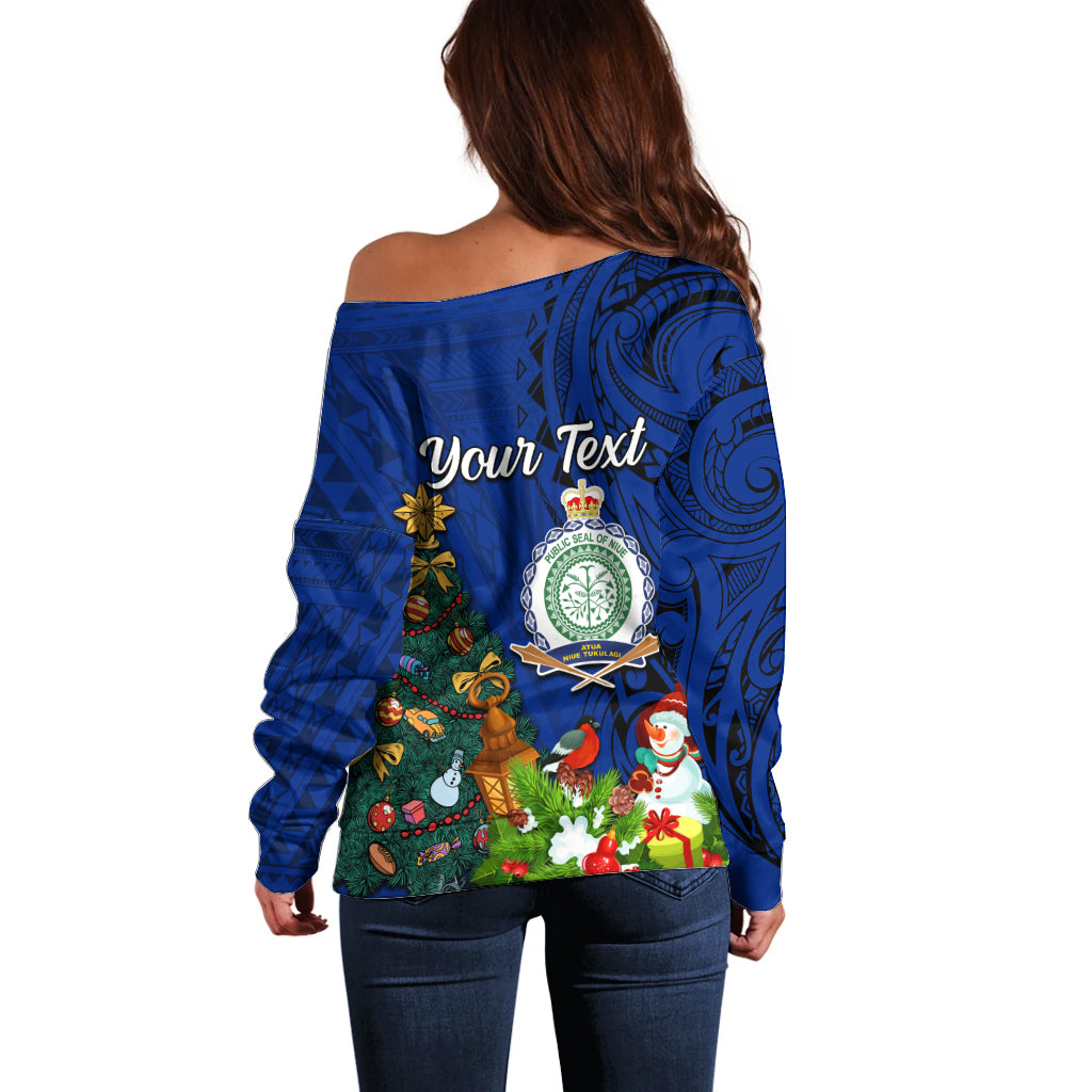 Personalised Niue Christmas Off Shoulder Sweater Coat of Arms and Polynesian Tattoo Xmas Element Christmas Blue Vibe LT03 - Polynesian Pride