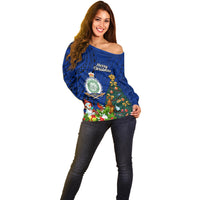 Personalised Niue Christmas Off Shoulder Sweater Coat of Arms and Polynesian Tattoo Xmas Element Christmas Blue Vibe LT03 - Polynesian Pride