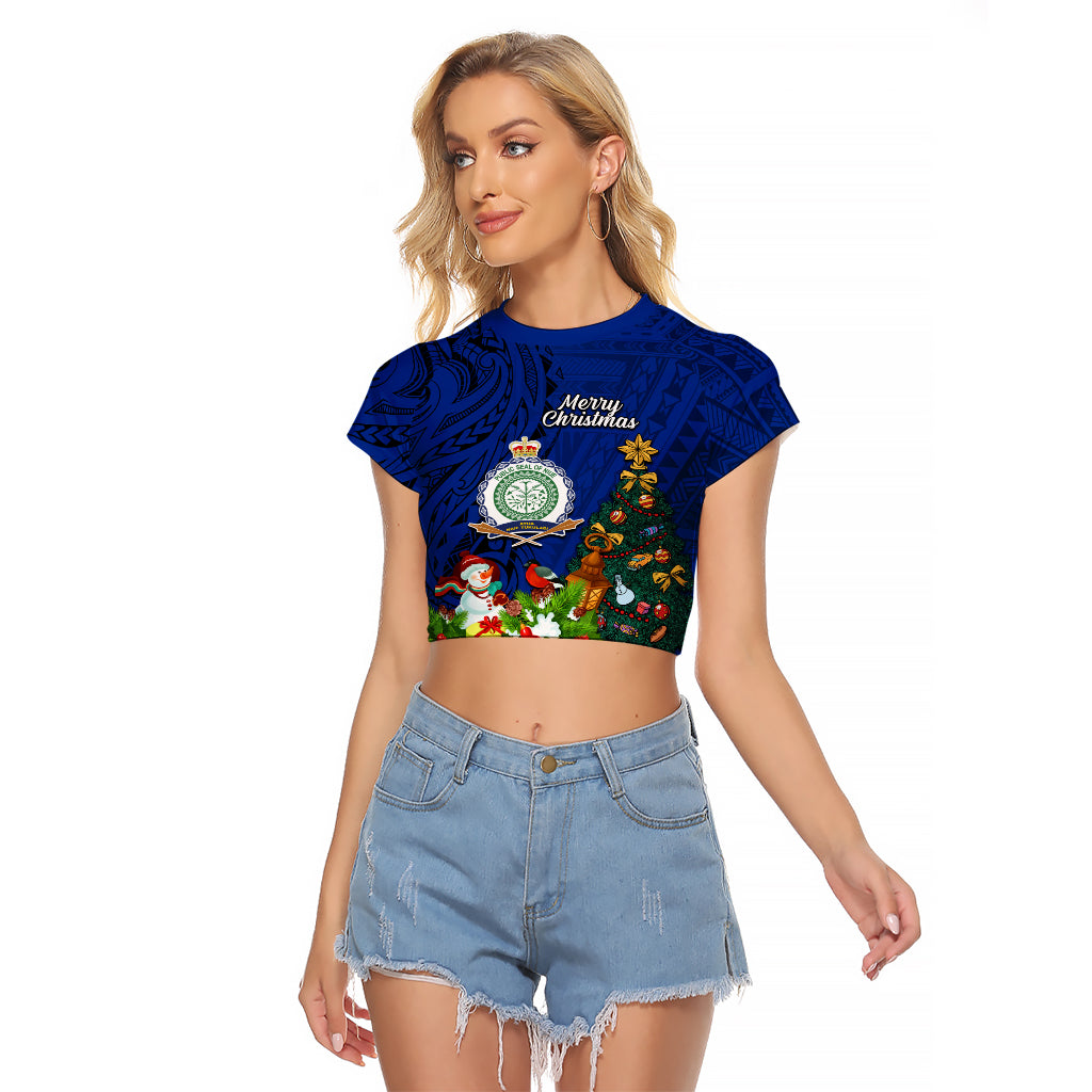 Personalised Niue Christmas Raglan Cropped T Shirt Coat of Arms and Polynesian Tattoo Xmas Element Christmas Blue Vibe LT03 Female Blue - Polynesian Pride