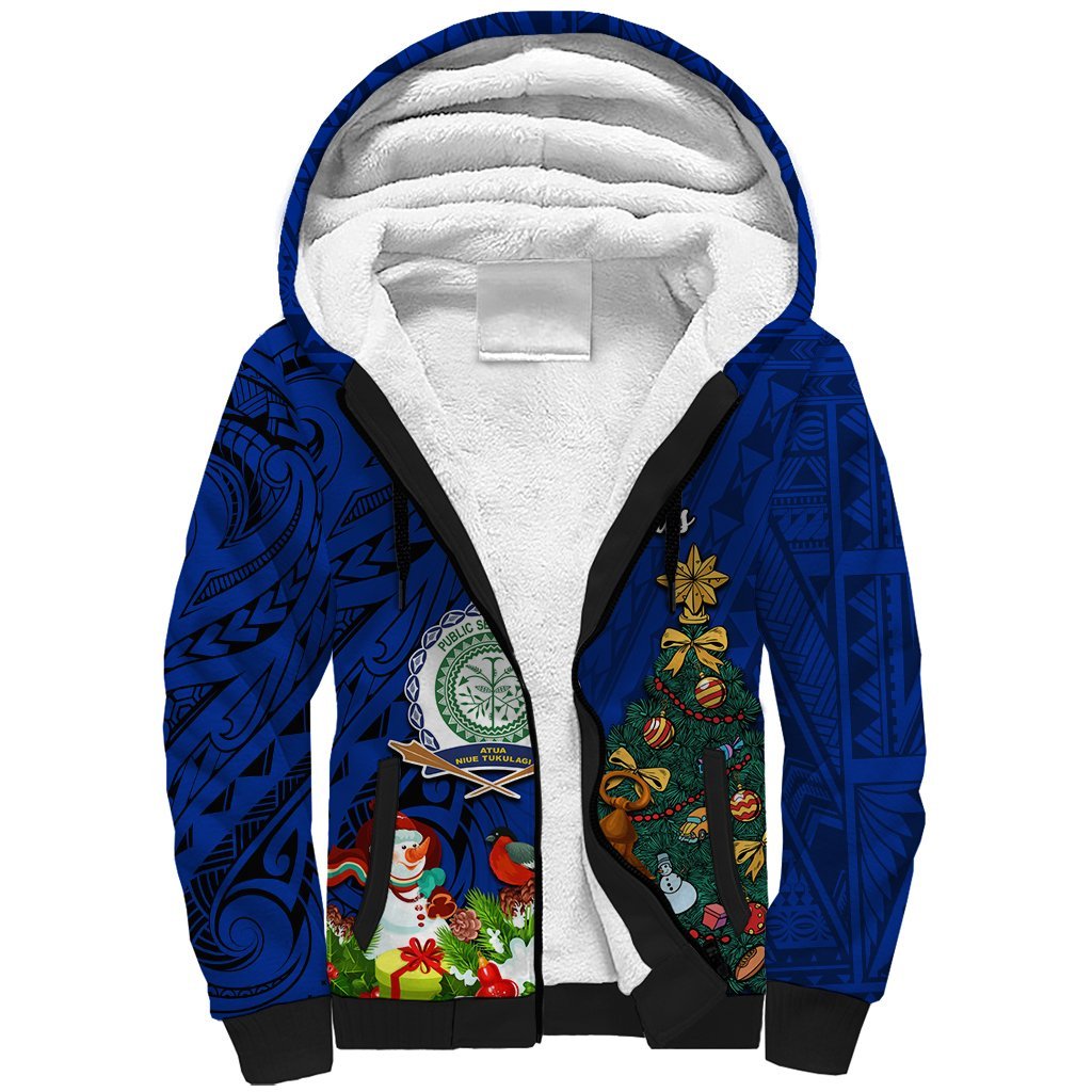 Personalised Niue Christmas Sherpa Hoodie Coat of Arms and Polynesian Tattoo Xmas Element Christmas Blue Vibe LT03 Unisex Blue - Polynesian Pride
