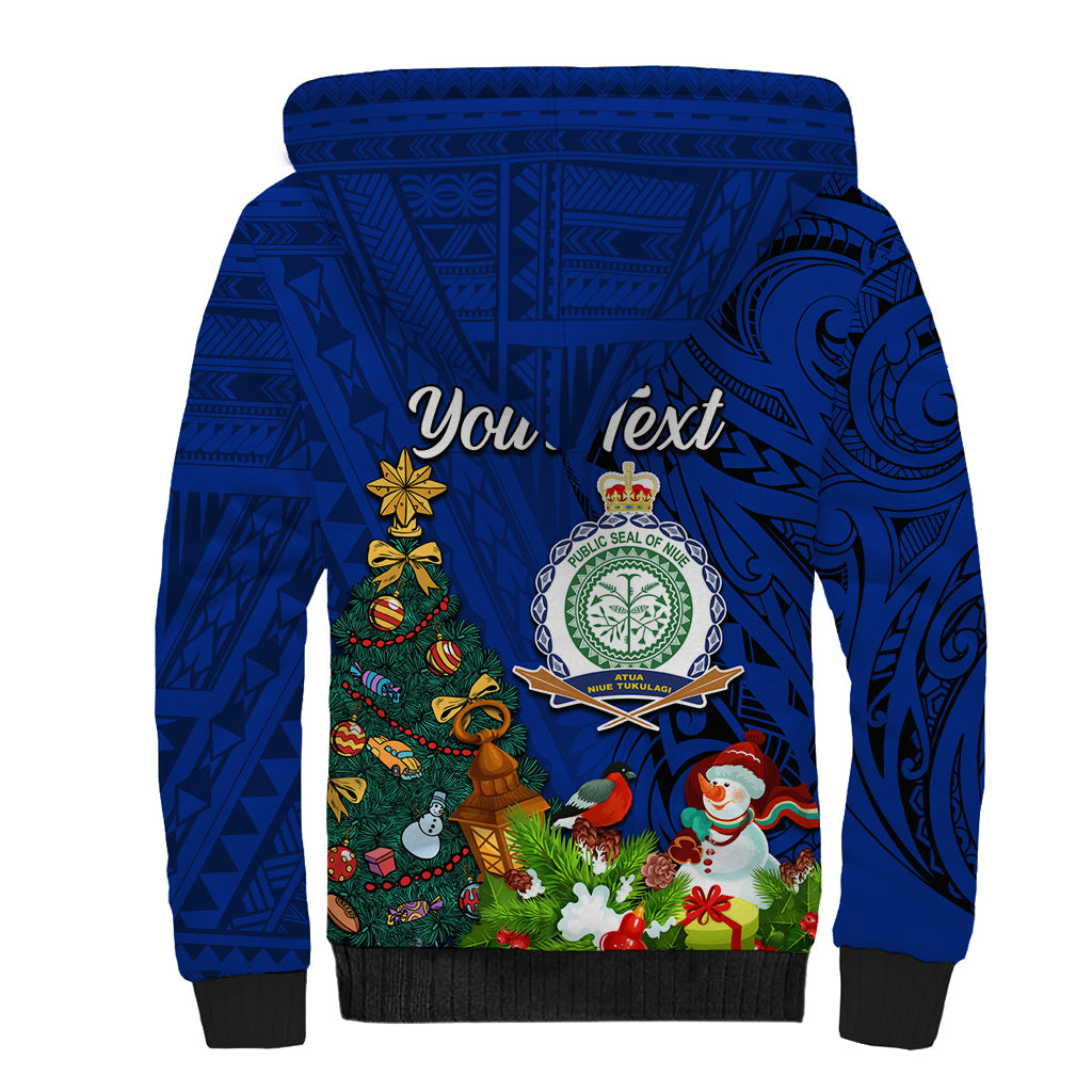 Personalised Niue Christmas Sherpa Hoodie Coat of Arms and Polynesian Tattoo Xmas Element Christmas Blue Vibe LT03 - Polynesian Pride