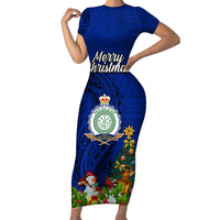 Personalised Niue Christmas Short Sleeve Bodycon Dress Coat of Arms and Polynesian Tattoo Xmas Element Christmas Blue Vibe LT03 Long Dress Blue - Polynesian Pride