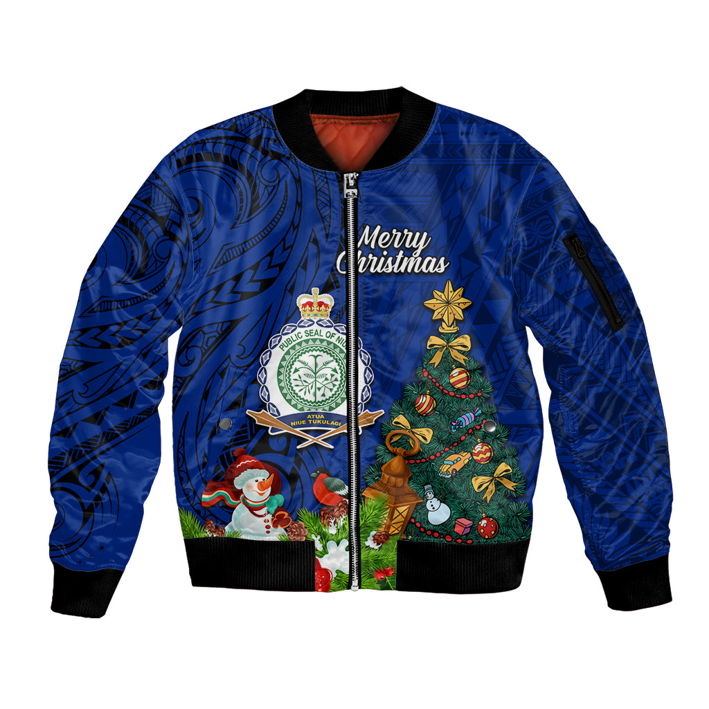 Personalised Niue Christmas Sleeve Zip Bomber Jacket Coat of Arms and Polynesian Tattoo Xmas Element Christmas Blue Vibe LT03 Unisex Blue - Polynesian Pride