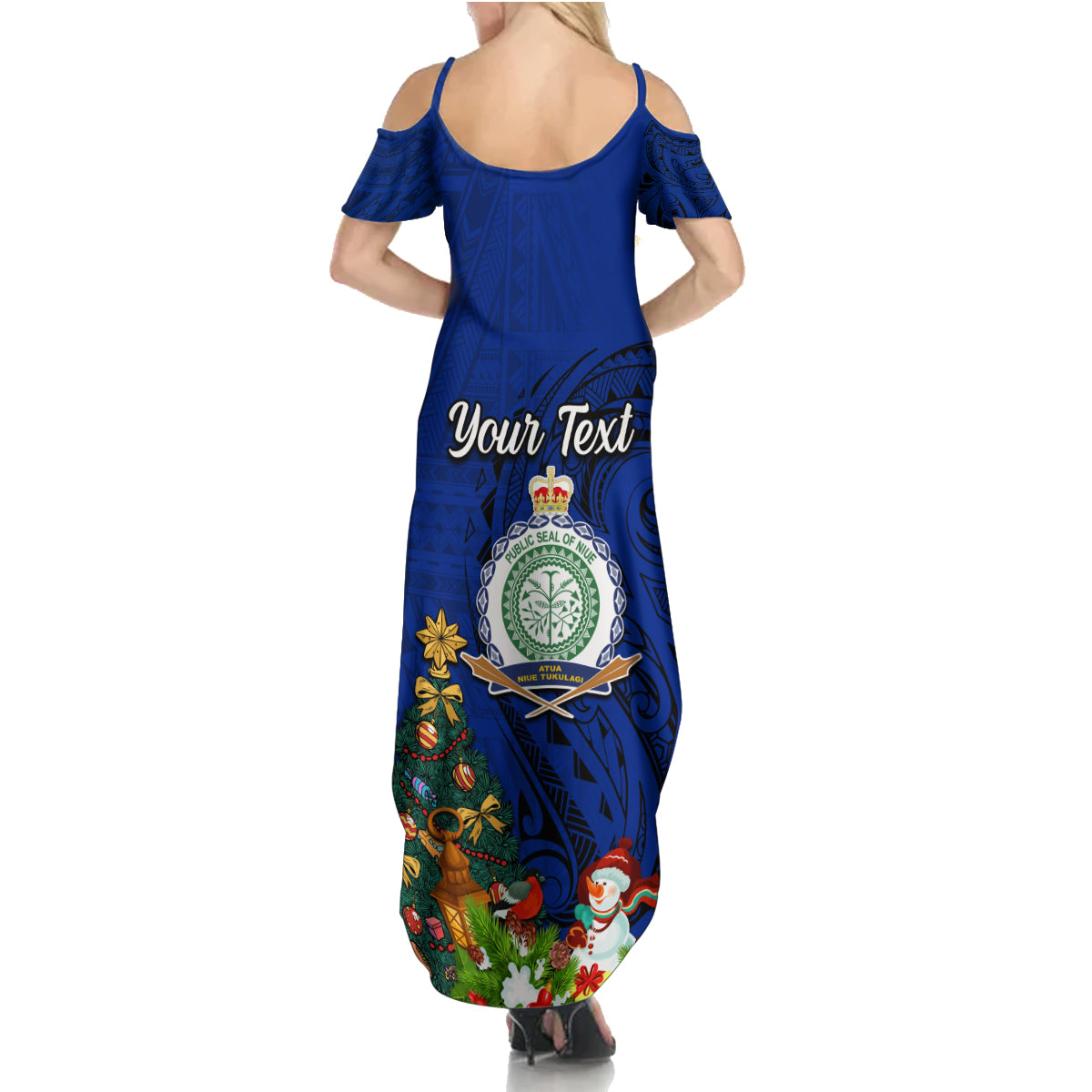 Personalised Niue Christmas Summer Maxi Dress Coat of Arms and Polynesian Tattoo Xmas Element Christmas Blue Vibe LT03 - Polynesian Pride