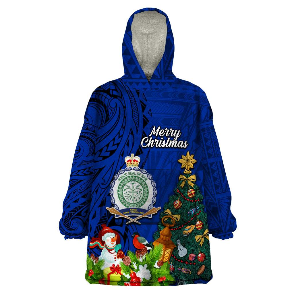 Personalised Niue Christmas Wearable Blanket Hoodie Coat of Arms and Polynesian Tattoo Xmas Element Christmas Blue Vibe LT03 One Size Blue - Polynesian Pride