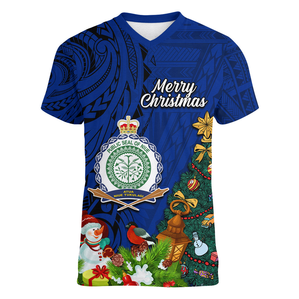 Personalised Niue Christmas Women V Neck T Shirt Coat of Arms and Polynesian Tattoo Xmas Element Christmas Blue Vibe LT03 Female Blue - Polynesian Pride