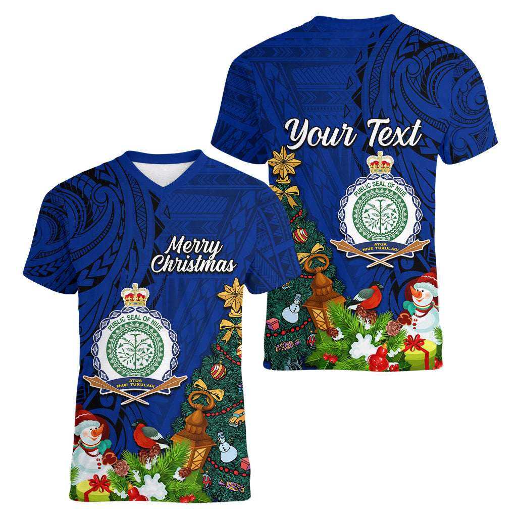 Personalised Niue Christmas Women V Neck T Shirt Coat of Arms and Polynesian Tattoo Xmas Element Christmas Blue Vibe LT03 - Polynesian Pride