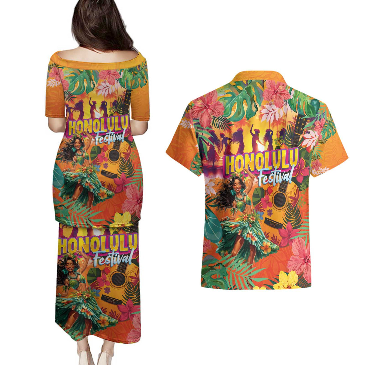 Hawaiian Honolulu Festival Couples Matching Puletasi and Hawaiian Shirt Hawaiian Identity - Hula Dancer and Ukulele Tropical Plants Style