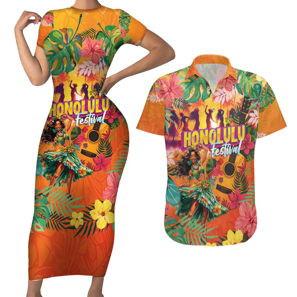 Hawaiian Honolulu Festival Couples Matching Short Sleeve Bodycon Dress and Hawaiian Shirt Hawaiian Identity - Hula Dancer and Ukulele Tropical Plants Style