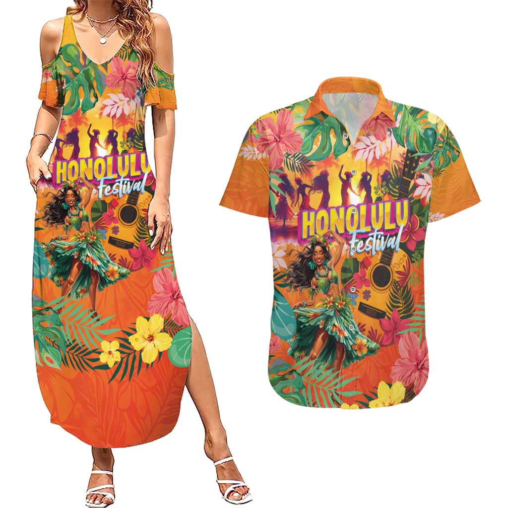 Hawaiian Honolulu Festival Couples Matching Summer Maxi Dress and Hawaiian Shirt Hawaiian Identity - Hula Dancer and Ukulele Tropical Plants Style