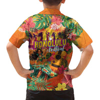 Hawaiian Honolulu Festival Family Matching Off The Shoulder Long Sleeve Dress and Hawaiian Shirt Hawaiian Identity - Hula Dancer and Ukulele Tropical Plants Style