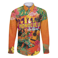Hawaiian Honolulu Festival Family Matching Off Shoulder Short Dress and Hawaiian Shirt Hawaiian Identity - Hula Dancer and Ukulele Tropical Plants Style