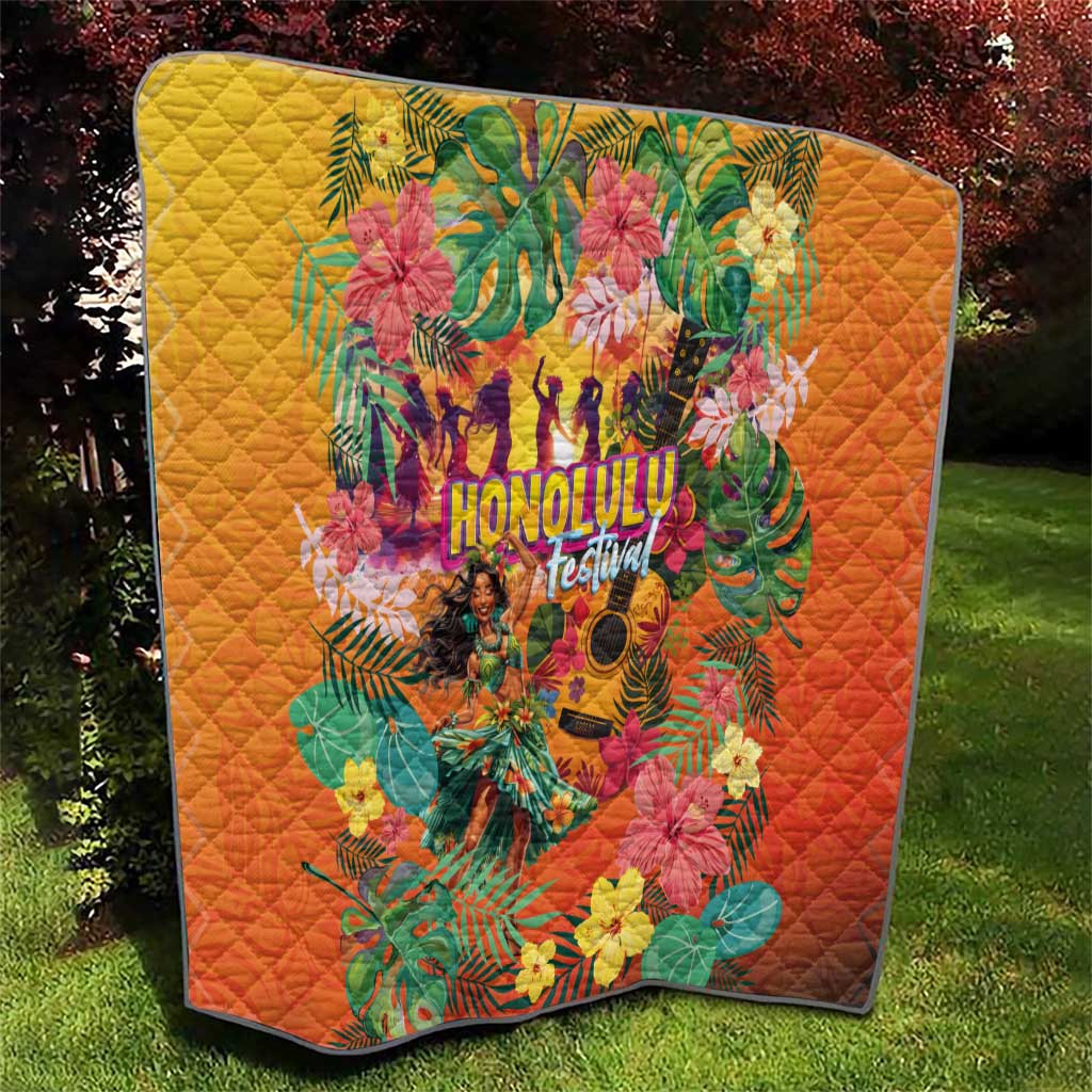 Hawaiian Honolulu Festival Quilt Hawaiian Identity - Hula Dancer and Ukulele Tropical Plants Style