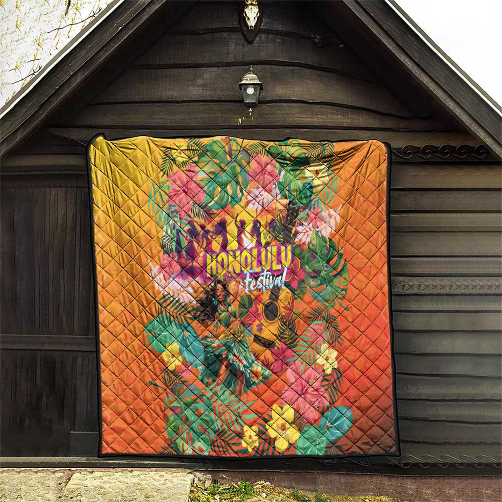 Hawaiian Honolulu Festival Quilt Hawaiian Identity - Hula Dancer and Ukulele Tropical Plants Style