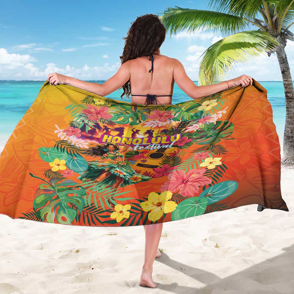 Hawaiian Honolulu Festival Sarong Hawaiian Identity - Hula Dancer and Ukulele Tropical Plants Style