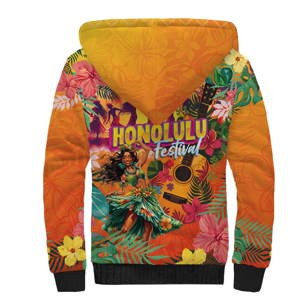 Hawaiian Honolulu Festival Sherpa Hoodie Hawaiian Identity - Hula Dancer and Ukulele Tropical Plants Style