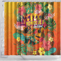 Hawaiian Honolulu Festival Shower Curtain Hawaiian Identity - Hula Dancer and Ukulele Tropical Plants Style