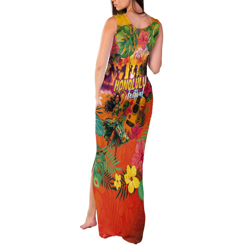 Hawaiian Honolulu Festival Tank Maxi Dress Hawaiian Identity - Hula Dancer and Ukulele Tropical Plants Style