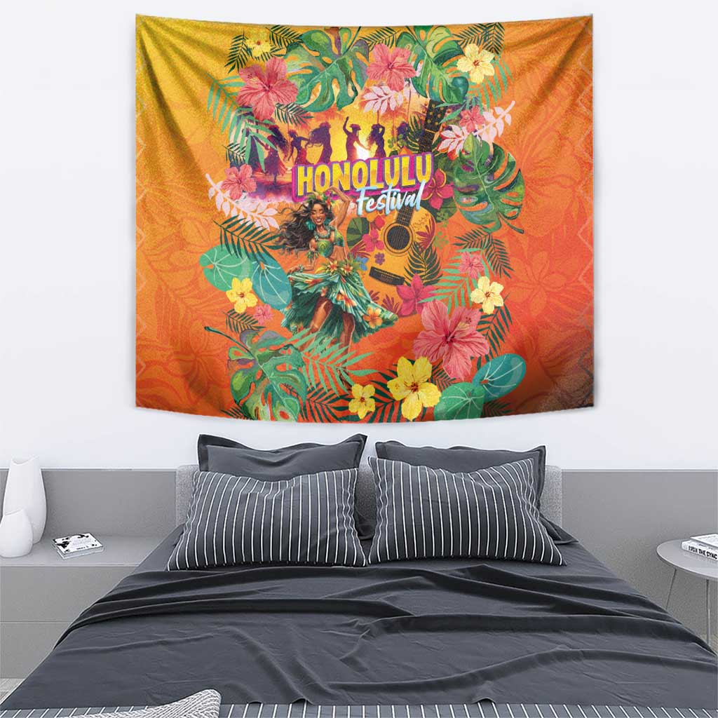 Hawaiian Honolulu Festival Tapestry Hawaiian Identity - Hula Dancer and Ukulele Tropical Plants Style