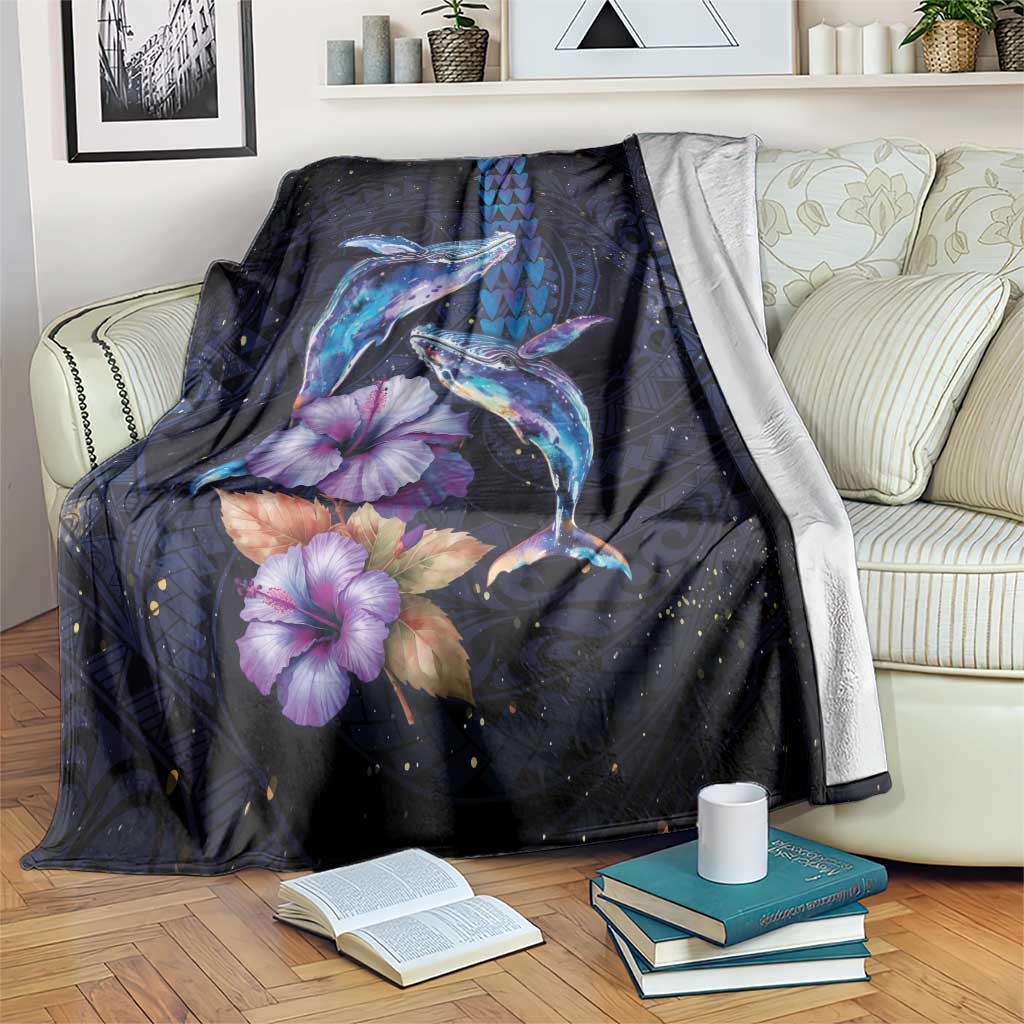 Hawaiian Whales Love Couple Blanket Hibiscus and Kakau Art Tattoo Night Sky Vibe LT03 Navy - Polynesian Pride