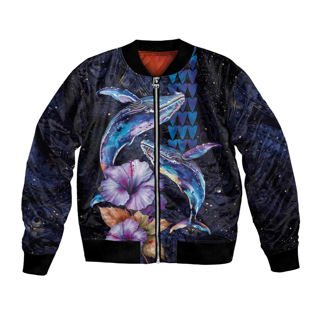Hawaiian Whales Love Couple Bomber Jacket Hibiscus and Kakau Art Tattoo Night Sky Vibe LT03 Unisex Navy - Polynesian Pride