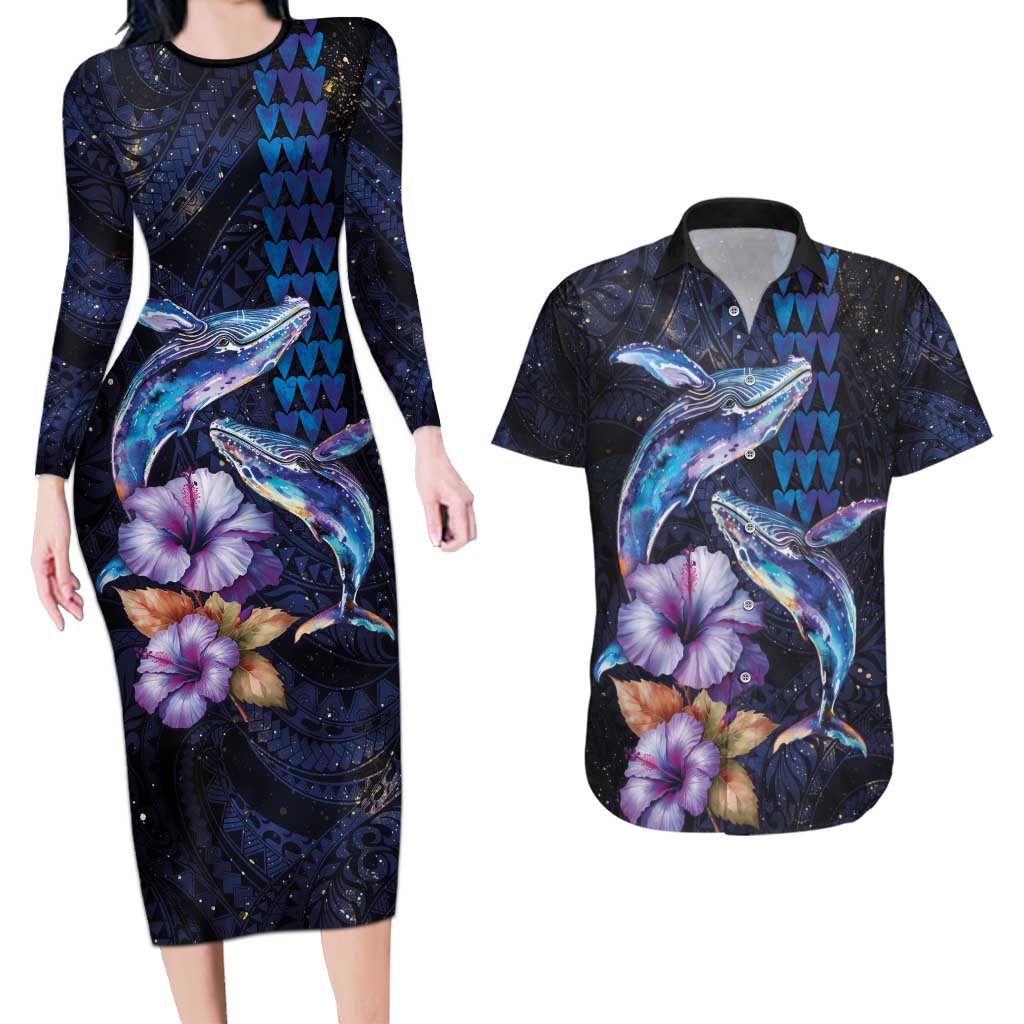 Hawaiian Whales Love Couple Couples Matching Long Sleeve Bodycon Dress and Hawaiian Shirt Hibiscus and Kakau Art Tattoo Night Sky Vibe