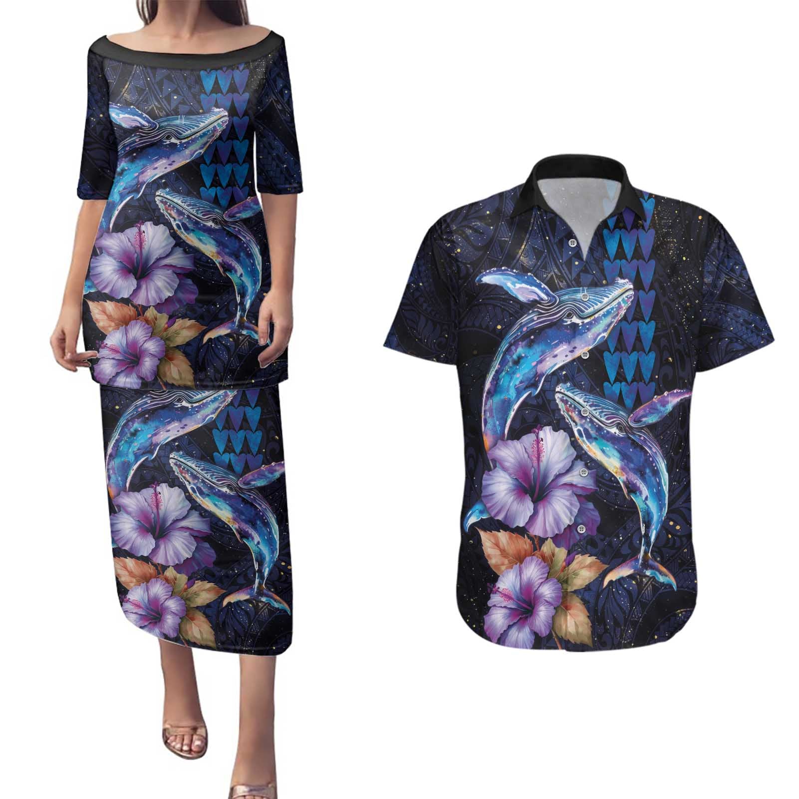 Hawaiian Whales Love Couple Couples Matching Puletasi and Hawaiian Shirt Hibiscus and Kakau Art Tattoo Night Sky Vibe