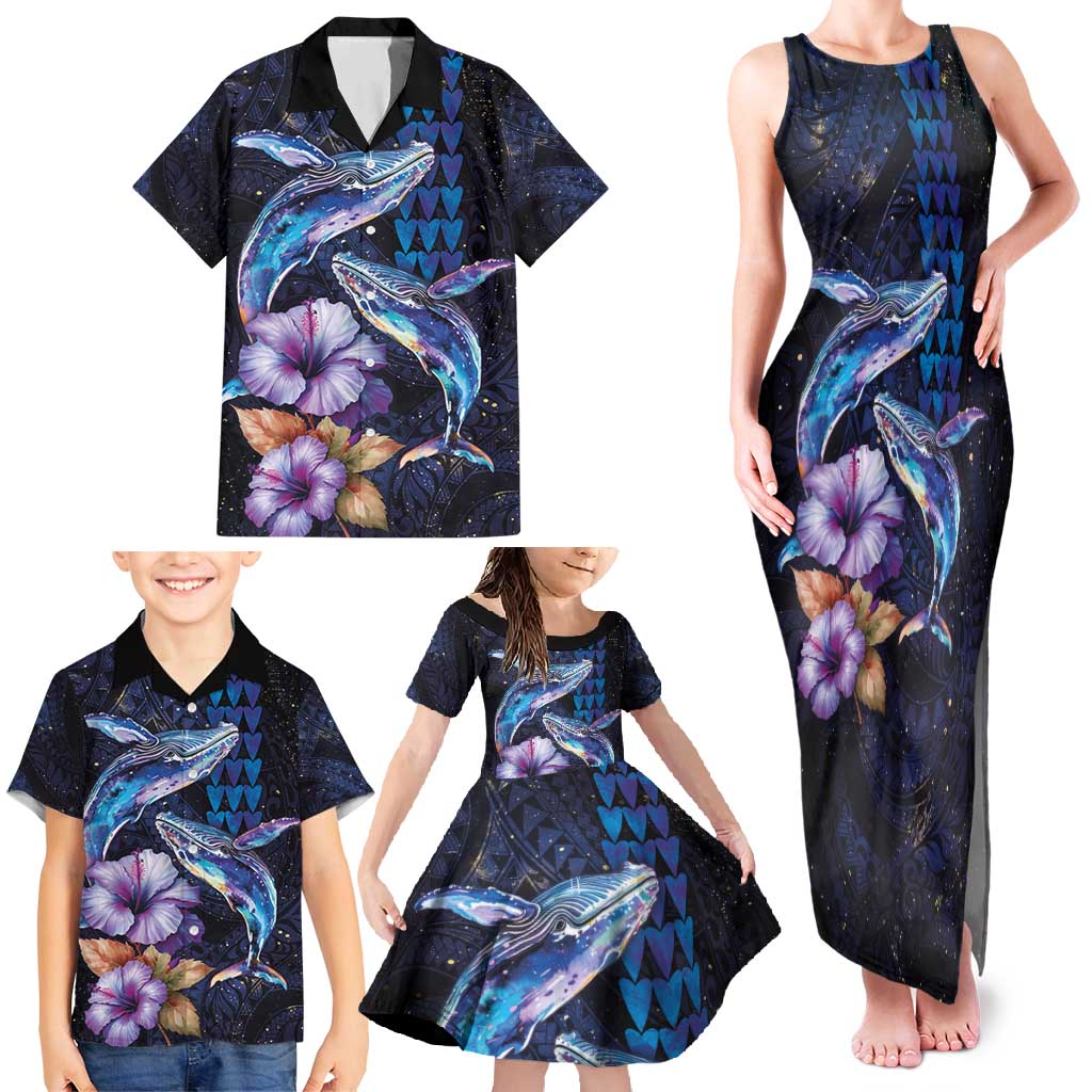 Hawaiian Whales Love Couple Family Matching Tank Maxi Dress and Hawaiian Shirt Hibiscus and Kakau Art Tattoo Night Sky Vibe