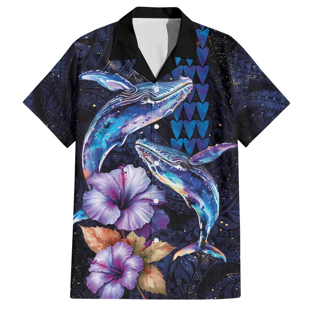 Hawaiian Whales Love Couple Family Matching Tank Maxi Dress and Hawaiian Shirt Hibiscus and Kakau Art Tattoo Night Sky Vibe LT03 Dad's Shirt - Short Sleeve Navy - Polynesian Pride